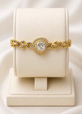 14k Gold-Plated Link Chain Bangle Bracelet Heart-Shaped VVS CZ Crystal Pavé